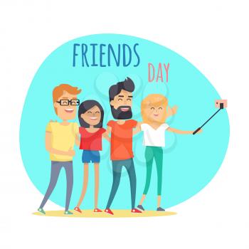 Friends day two boys and two girls makes selfie. Vector illustration of spectacled man, brunette girl, dark-haired boy with beard and blonde girl embraced. Friends taking selfies and framing memories.