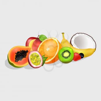Sliced in half tropical fruits set. Group of juicy fruits, berry and nut realistic vectors isolated on white. Fresh exotic dessert illustration for healthy food and natural nutrition concepts 