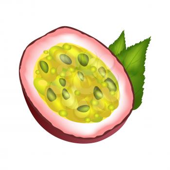 Juicy passion fruit cut part with green leaves isolated on white. Vector illustration of colorful tropical fruit element in flat design. Passion fruit half with yellow-green center and violet skin
