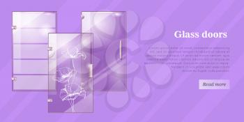 Glass doors conceptual web banner. Glossy office or boutique transparent doors with shaped handle and poppy flower ornament flat vector illustration. Furniture components store landing page template
