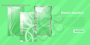 Glass doors conceptual web banner. Glossy sliding and hinged office or boutique transparent doors with shaped handles flat vector illustration. Furniture components store landing page template