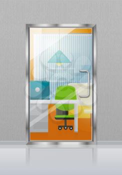 Glass transparent door in grey wall with nameplate. Vector illustration of closed door to colourful study with blue triangular hanging lamp, green chair, laptop on light table, sofa near window