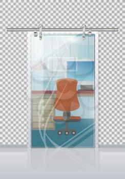 Office workplace through sliding glass door view flat vector. Entrance to the cabinet with table, computer and chair. Modern office interior with transparent wall illustration for business concepts