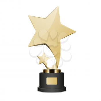 Golden trophy cup with large and small star graphic icon. Vector illustration of realistic trophies isolated on white. Gold reward on black base with nameplate. Hand drawn pattern cartoon style flat design.