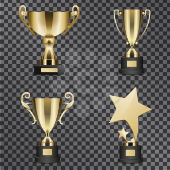 Goblets for successful contest participation and epic win vector illustration. Golden trophy cups for outstanding sport, music and acting achievements isolated on black transparent background.