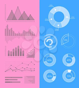Set of graphic symbols for infographics. Statistic information presentation elements vector collection. Graphics peaks, curves fluctuations and column diagrams for business, social, political concepts