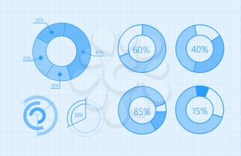 Set of graphic symbols for infographic. Statistic information presentation vector elements collection. Circle diagram with percent data on checkered graph paper for business, social, political concept