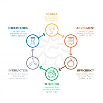 Business successful winning infographic concept in circle of round labels with information on white. Vector banner in flat design of working efficiency, thinking and interaction, making deal