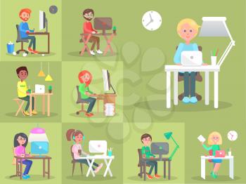 Set of people at computer in office cartoon style on green background. Vector illustration of girls or boys sitting and working at notebook, writing on desk, with cup of drink and headphones.