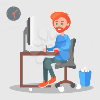 Freelancer at modern workplace. Red-haired men cartoon characters seating at the table and working on computer flat vector. Digital painter or artist drawing on digital tablet at home illustration
