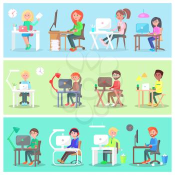 People work in comfortable and cozy offices vector illustration. Set includes characters that work at computer and laptop, in headphones, with cup of coffee, with plant, lamp or stand with stationary.