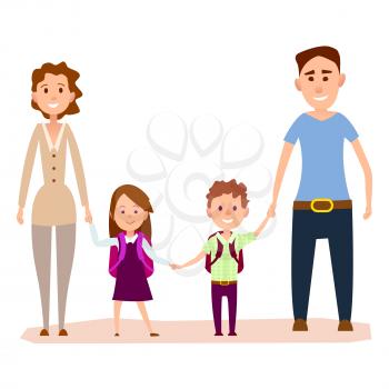 Happy cartoon family hold hands together isolated on white background. Friendly parents with first grade kids in school uniform with rucksacks. Important day in children life vector illustration.