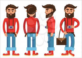Photographer with hanging camera and bag in various poses. Vector poster of man characters with dark hair and beard, wearing red sweater and shoes, blue trousers. Male person constructor template