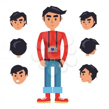 Hipster with camera cartoon character generator with emotive heads with different sides view. Brunette man in red jumper, rolled up jeans and boots with photo camera on neck isolated flat vector