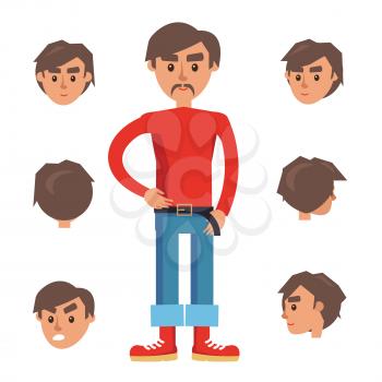 Man Constructor. Character in red turtleneck, jeans and red sneakers isolated on white background. Set of six heads includes faces with different emotions and foreshortening vector illustration.