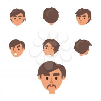 Man Constructor. Seven humans heads from different angles of view with different emotions and one with mustache isolated on white background. Vector illustration of happy and angry emotions.