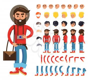 Hipster cartoon character constructor with body parts, emotive heads, haircuts colors. Bearded man in retro clothes with camera on neck and bag over shoulder from different sides view isolated vector