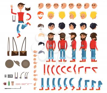 Photographer character flat collection on white. Vector illustration with signs of bended arms and legs, person with camera, emotions on faces, signals on fingers, brown hat and bag in various poses