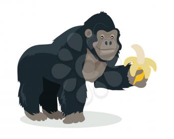 Gorilla cartoon character. Funny big ape with banana in hand flat vector isolated on white. African fauna. Gorilla icon. Wild animal illustration for zoo ad, nature concept, children book illustrating