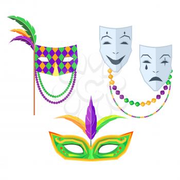 Mardi Gras. Set of masks green with feathers, pattern with beads and feathers and mask that consists of two with contrast emotions on white background. Carnival elements vector illustration.
