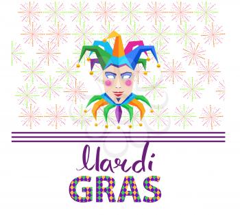 Mardi gras colorful jester mask and hat with bells isolated on white with bright explosive elements. Traditional symbolic element for carnival and fest celebration vector illustration in flat design