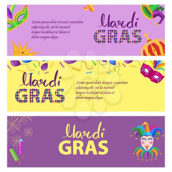 Mardi Gras. Carnival invitation three-colored poster with king and queen crowns, bright masks with feathers, clown hat, balloons, confetti and fireworks. Vector illustration of advertisement signboard.