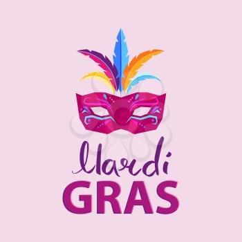 Mardi Gras. Carnival invitation poster with mask with colored feathers illustration and big inscription on pink background. Big festival promotion. Vector illustration of advertisement signboard.