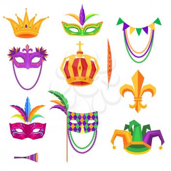 Mardi Gras colorful decorative elements on white. Vector poster of masks with feathers, golden crowns, music instrument, jester hat with balls. Traditional festival elements collection in flat design