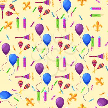 Mardi Gras attributes endless colorful vector texture. Collection of violet and blue balloons, striped firework rockets, serpentine lines and maracas elements on beige background seamless pattern.
