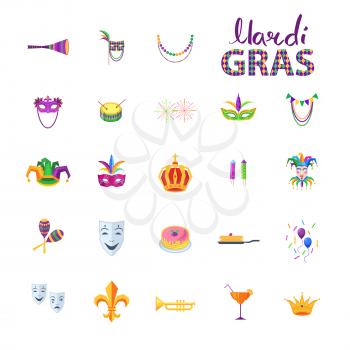Mardi Gras set of carnival decorative elements in flat style. Vector poster of isolated colorful traditional signs for fest celebrating on white. Collection Mardi Gras symbols and party decorations