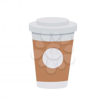 Coffee from plastic or paper cup with lid and drink logo on white background. Takeaway hot beverage in disposable body. Vector illustration in cartoon style flat design for websites, infographics, app.
