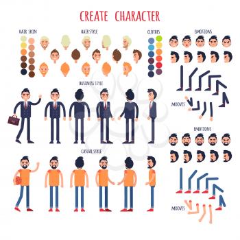 Create character poster of men in various positions wearing clothes in business and casual style. Hair and skin style round signs collection, moving human legs and arms and set of face emotions.