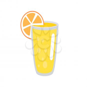 Lemonade in glass with hitched orange slice isolated on white background. Refreshing lemon beverage icon. Homemade citrus drink picture. Full of vitamin C drink isolated vector illustration.