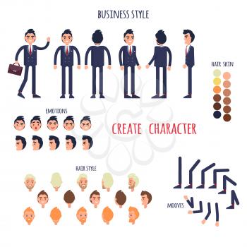 Business style create your character vector colorful poster on white. Banner of male worker full length portraits, face emotions, skin colors and types, hair styles, legs and arms move steps signs