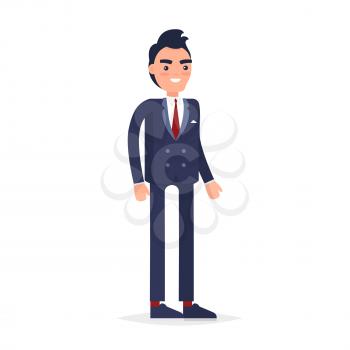 Modern young businessman in navy-blue shoes and suit with handkerchief in pocket, red tie and socks stands and smiles on white background. Cartoon male character isolated vector illustration.