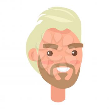 Blonde haired man face with pink cheeks front view isolated icon on white. Cartoon young male character smiles with teeth. Modern man hairstyle example, avatar userpic vector illustration.
