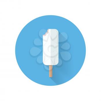 Biten ice cream on stick. Eskimo in white chocolate. Vector in flat design. Refreshing cold dessert. Summer sweets. Illustration for food concepts, diet infographic, icons or web design.