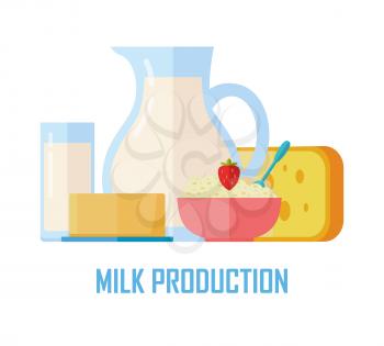 Milk production banner. Different traditional dairy products from milk on white background. Milk, curd, cheese and yogurt. Assortment of dairy products. Farm food. Dairy website template.