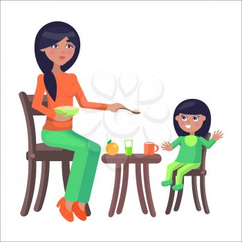 Young brunette mother sits on chair and feeds her daughter with porridge and her little daughter eats it. Illustration of motherhood. Cartoon family. Vector illustration for Happy Mother Day.