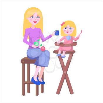 Young blonde mother feeds with fruits and milk her baby girl, who sits on high chair on white background. Illustration of motherhood. Cartoon family moment. Vector illustration for Happy Mother day.