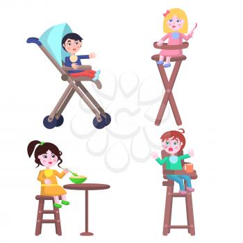 Set of different children two boys and two girls who ask for food, eat or cry, three of them sit on highchair and one in baby carriage. Vector illustration set of toddler characters for Mother Day.
