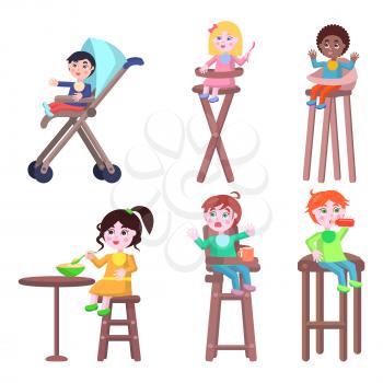 Baby with good appetite. Little boys and girls seating on children high chairs with bottle, cup and spoon flat vector isolated on white. Toddlers takes food illustration for kids feeding concepts