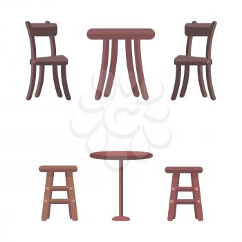 Wooden chairs and round tables isolated on white background. Furniture elements in flat style design. High chairs for children and two types of tables. Furniture for kitchen vector illustration
