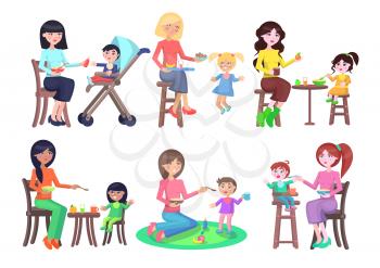 Mothers feeding their children icons set on white. Young female careful people sitting on stools or carpet try to give healthy food for kids. Vector poster of difficult process of having meal
