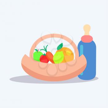 Little baby nutrition. Ripe fruits and vegetables in basket near bottle with dummy flat vector isolated on white. Natural childrens food illustration for kids healthy ration concepts 