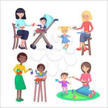 Happy mothers feeds little children set. Young women gives tasty porridge, fruits and juices their little sons and daughters in bibs isolated flat vectors. Toddlers healthy nutrition illustration 