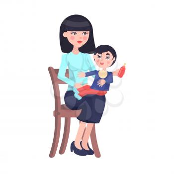 Young brunette mother sits on chair and feeds her baby boy with a bottle on her lap on the white background. Illustration of motherhood. Cartoon family moment. Vector illustration for Mother day.