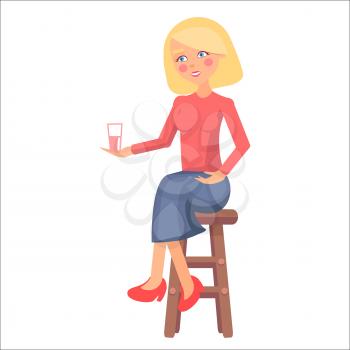 Blond pregnant woman with pink cheeks holds cup with milk, smile and sit on chair. Cartoon woman icon happy motherhood mother Day collection. Love and care isolated vector illustration of future mom.