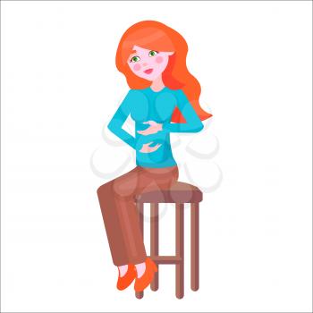 Redhead pregnant woman with pink cheeks holds hand on belly, sits on chair. Cartoon woman icon. Happy motherhood mother Day collection. Love and care isolated vector illustration of smiling mom.