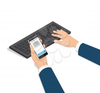 Mens hands in business suit with smartphone in palm, typing on computer keyboard isometric projection vector on white. Sms verification during online banking 3d illustration for business concept